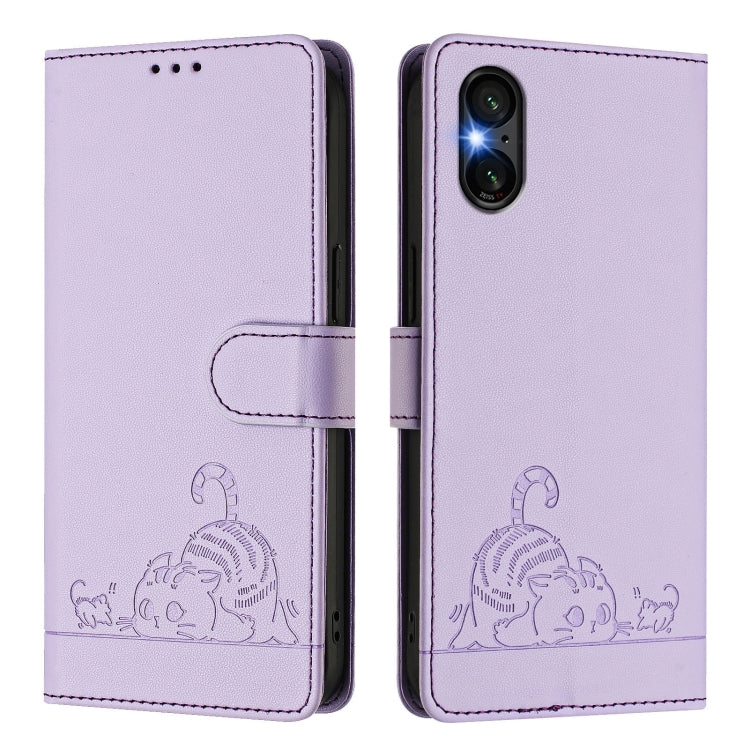 For Sony Xperia 5 VI Cat Rat Embossed Pattern RFID Leather Phone Case with Lanyard