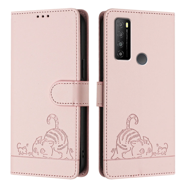 For TCL 30 XL T701DL Cat Rat Embossed Pattern RFID Leather Phone Case with Lanyard