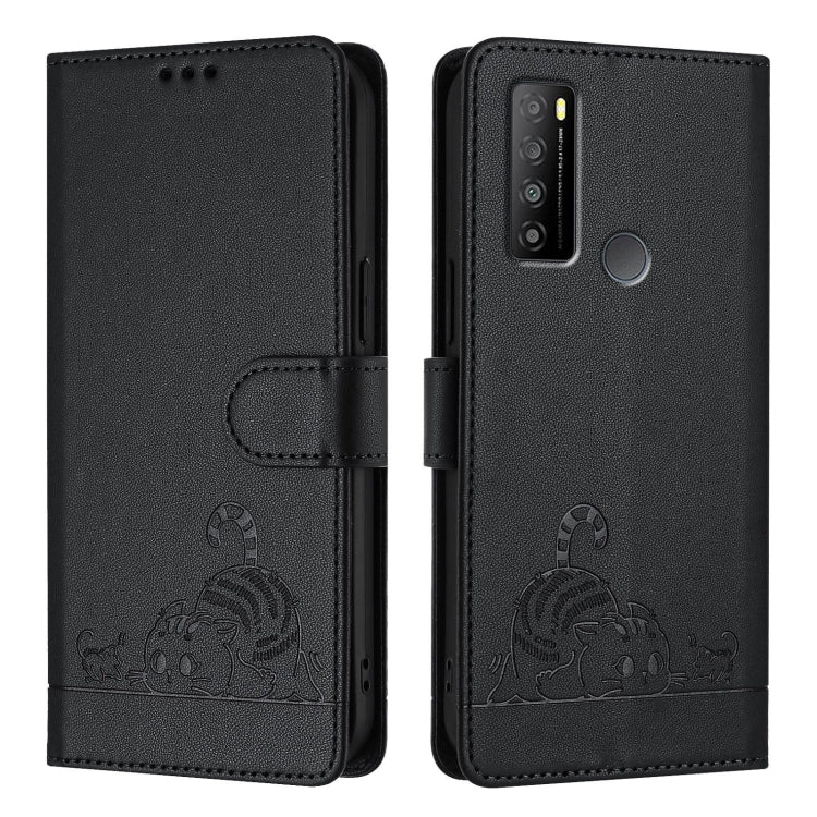 For TCL 30 XL T701DL Cat Rat Embossed Pattern RFID Leather Phone Case with Lanyard