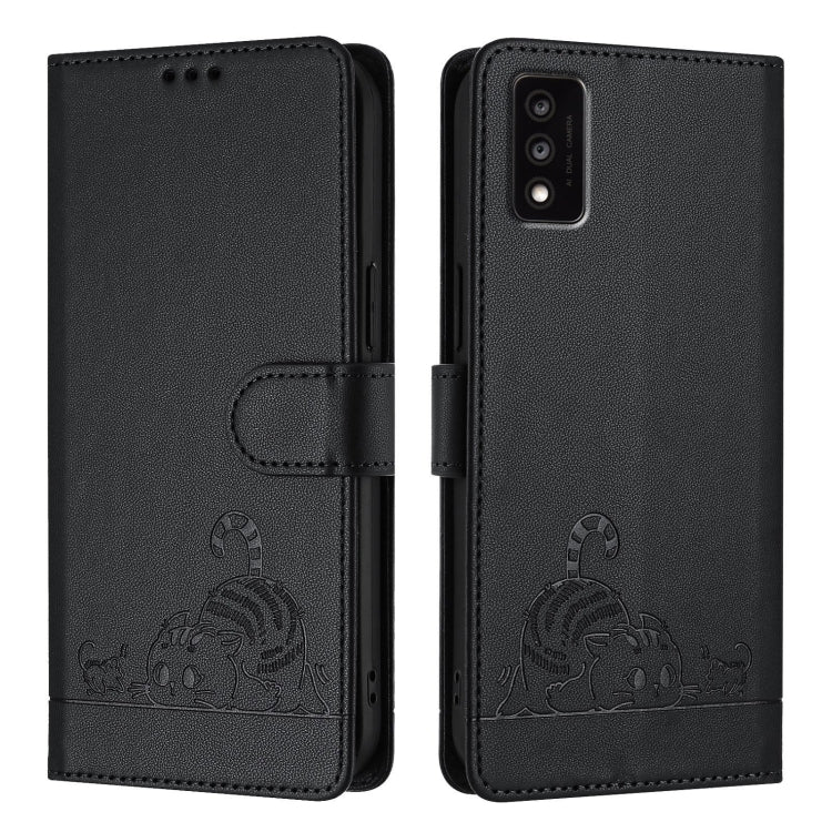 For TCL 30T T603DL Cat Rat Embossed Pattern RFID Leather Phone Case with Lanyard