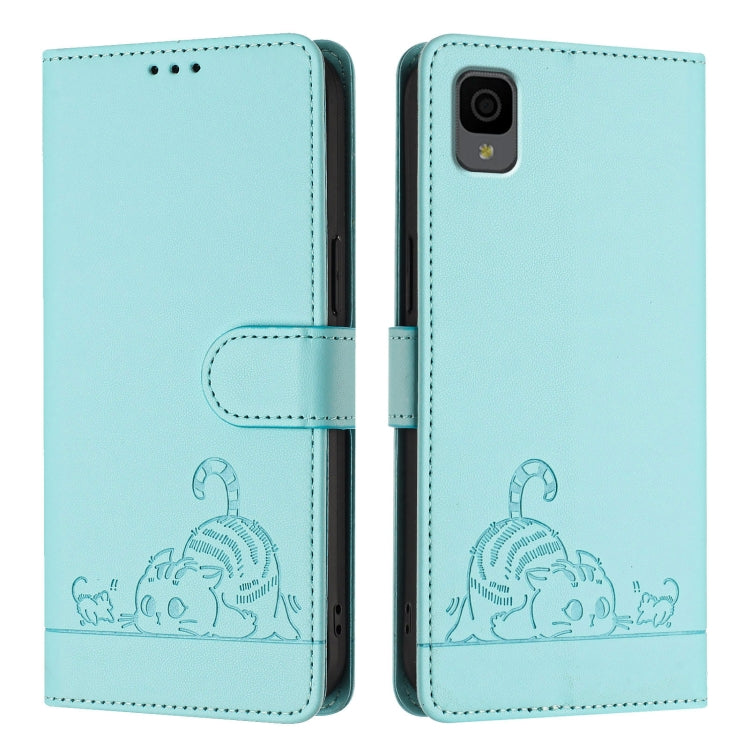 For TCL 30Z T602DL Cat Rat Embossed Pattern RFID Leather Phone Case with Lanyard