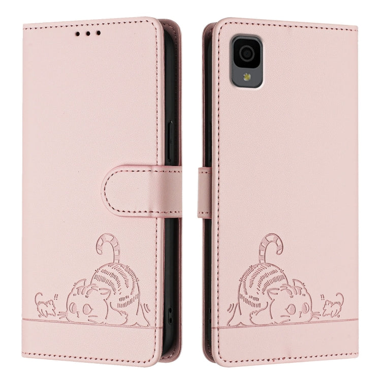 For TCL 30Z T602DL Cat Rat Embossed Pattern RFID Leather Phone Case with Lanyard