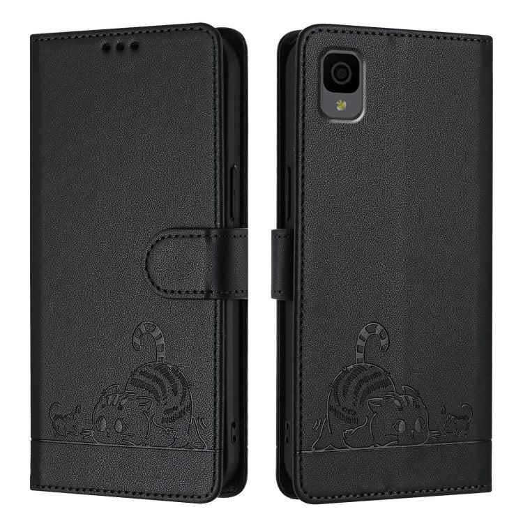 For TCL 30Z T602DL Cat Rat Embossed Pattern RFID Leather Phone Case with Lanyard