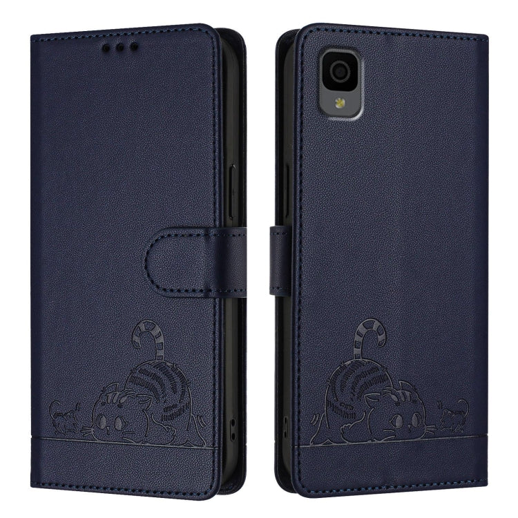 For TCL 30Z T602DL Cat Rat Embossed Pattern RFID Leather Phone Case with Lanyard