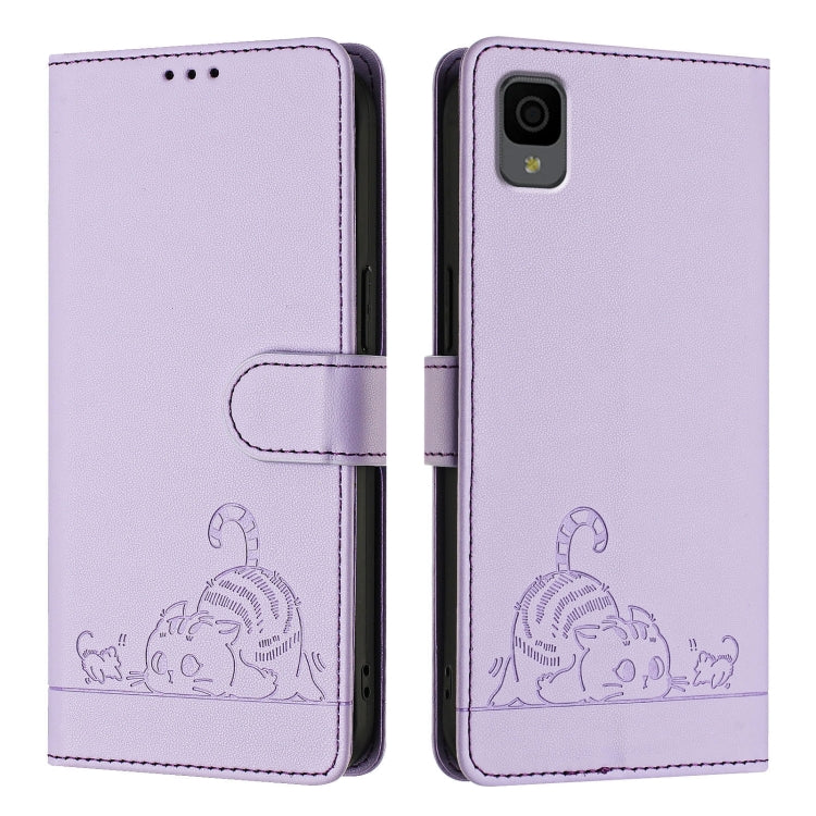 For TCL 30Z T602DL Cat Rat Embossed Pattern RFID Leather Phone Case with Lanyard