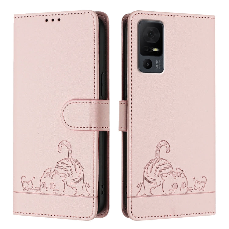For TCL 40 XL / 40 T T608DL Cat Rat Embossed Pattern RFID Leather Phone Case with Lanyard