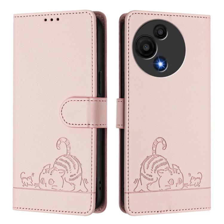 For TCL 60 SE NxtPaper / 605 Cat Rat Embossed Pattern RFID Leather Phone Case with Lanyard