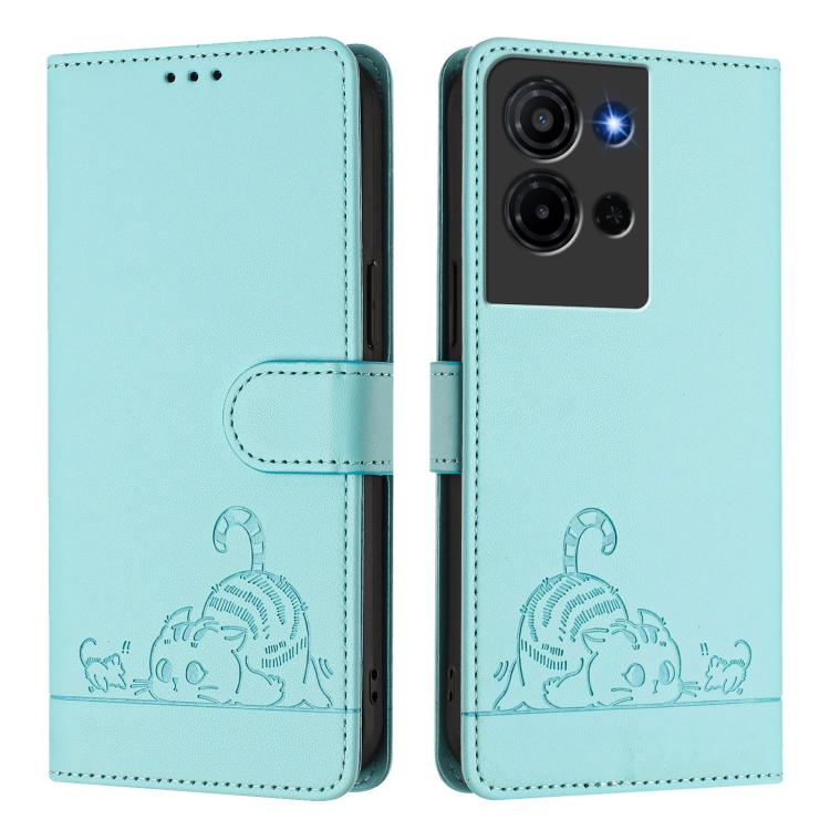 For TCL K32 5G / K33 Cat Rat Embossed Pattern RFID Leather Phone Case with Lanyard