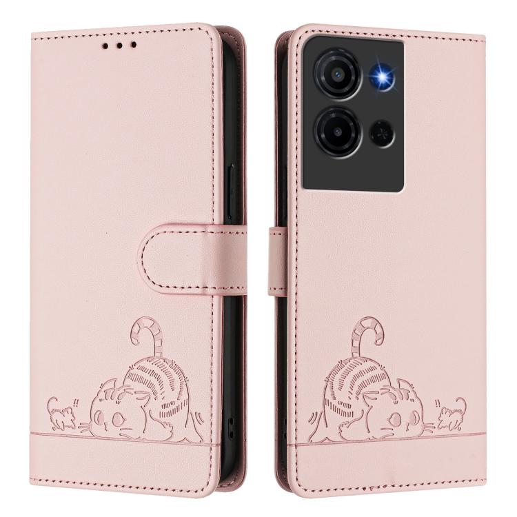 For TCL K32 5G / K33 Cat Rat Embossed Pattern RFID Leather Phone Case with Lanyard