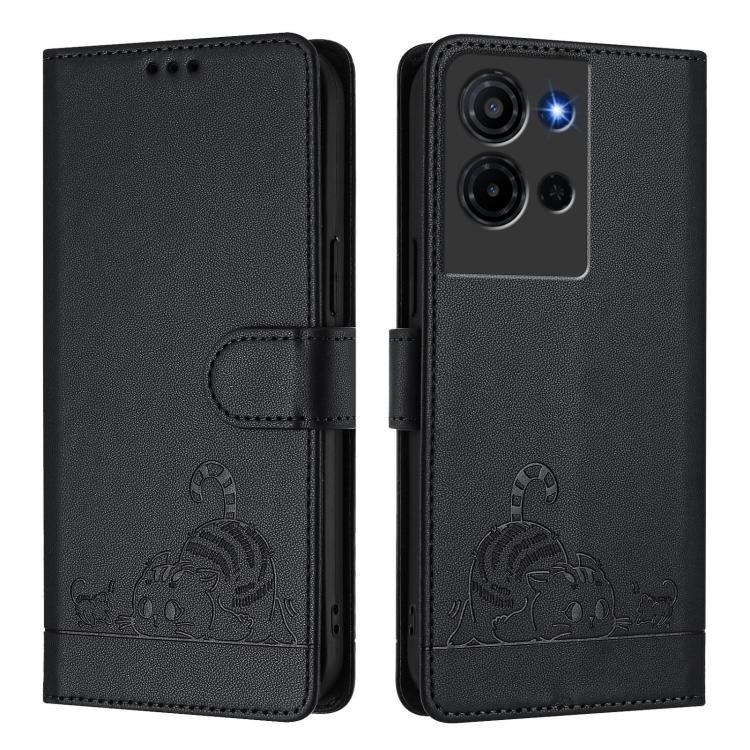 For TCL K32 5G / K33 Cat Rat Embossed Pattern RFID Leather Phone Case with Lanyard