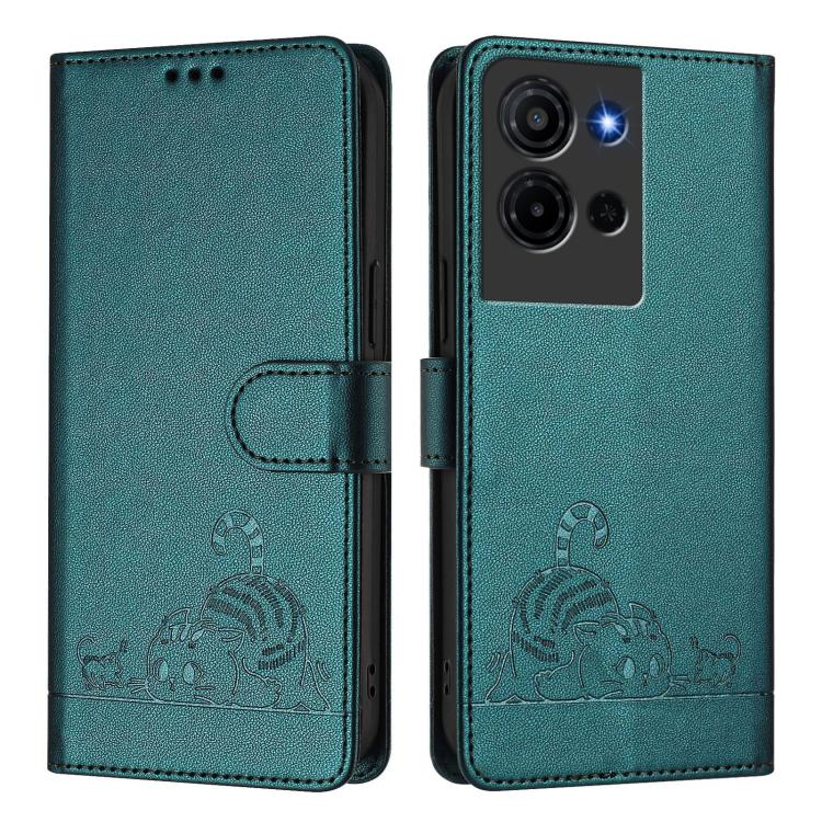 For TCL K32 5G / K33 Cat Rat Embossed Pattern RFID Leather Phone Case with Lanyard