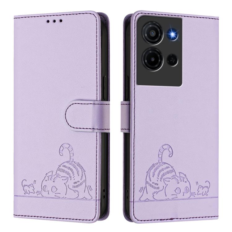 For TCL K32 5G / K33 Cat Rat Embossed Pattern RFID Leather Phone Case with Lanyard