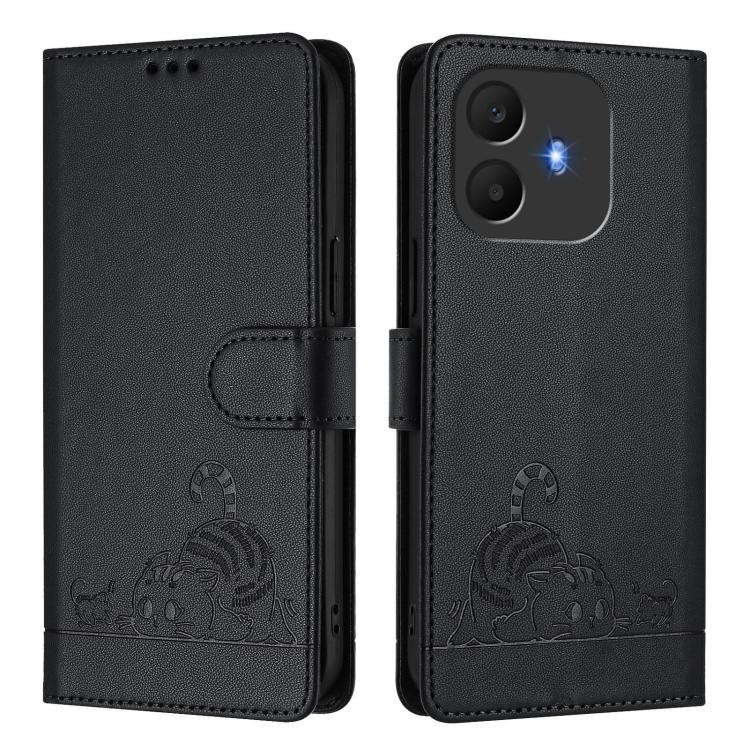 For TCL K70 Power 4G / K70 4G Cat Rat Embossed Pattern RFID Leather Phone Case with Lanyard