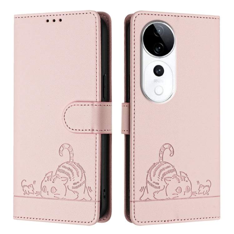 For vivo S19 Pro Cat Rat Embossed Pattern RFID Leather Phone Case with Lanyard