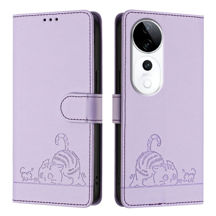 For vivo S19 Pro Cat Rat Embossed Pattern RFID Leather Phone Case with Lanyard