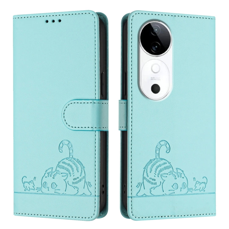 For vivo S19 Cat Rat Embossed Pattern RFID Leather Phone Case with Lanyard