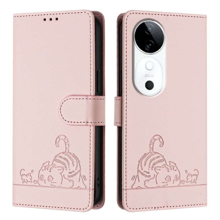 For vivo S19 Cat Rat Embossed Pattern RFID Leather Phone Case with Lanyard