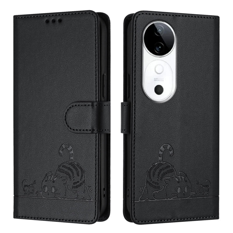 For vivo S19 Cat Rat Embossed Pattern RFID Leather Phone Case with Lanyard