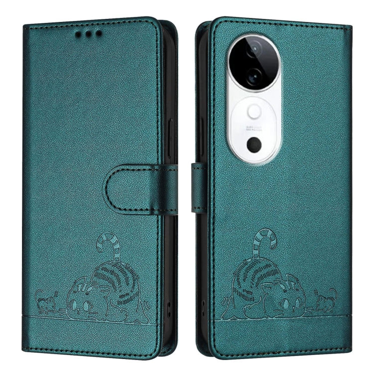 For vivo S19 Cat Rat Embossed Pattern RFID Leather Phone Case with Lanyard