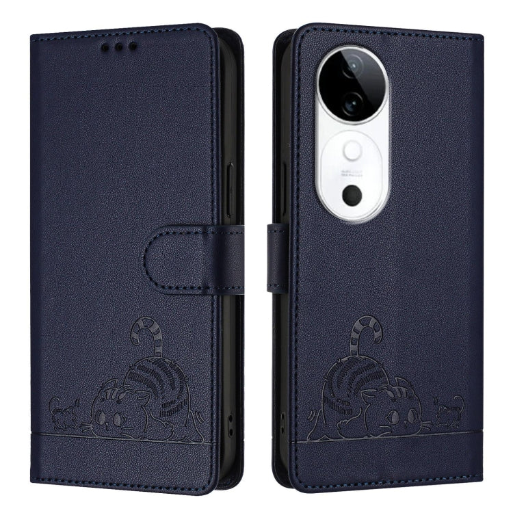 For vivo S19 Cat Rat Embossed Pattern RFID Leather Phone Case with Lanyard