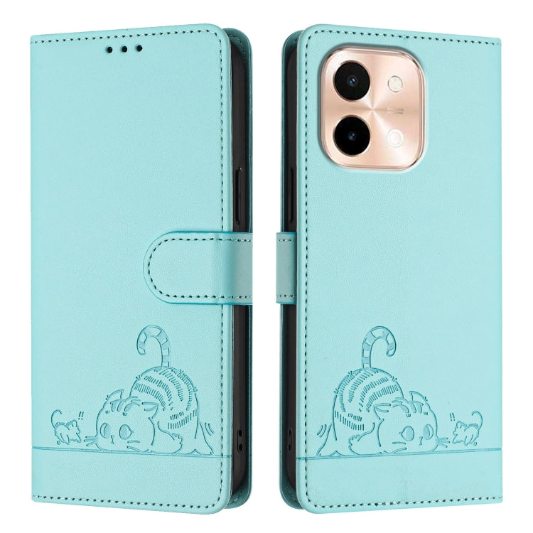 For vivo Y28 4G Cat Rat Embossed Pattern RFID Leather Phone Case with Lanyard