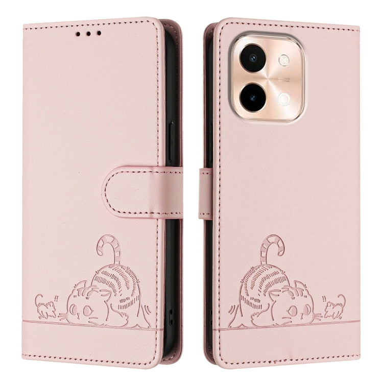 For vivo Y28 4G Cat Rat Embossed Pattern RFID Leather Phone Case with Lanyard
