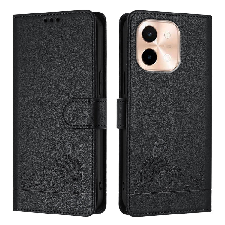 For vivo Y28 4G Cat Rat Embossed Pattern RFID Leather Phone Case with Lanyard