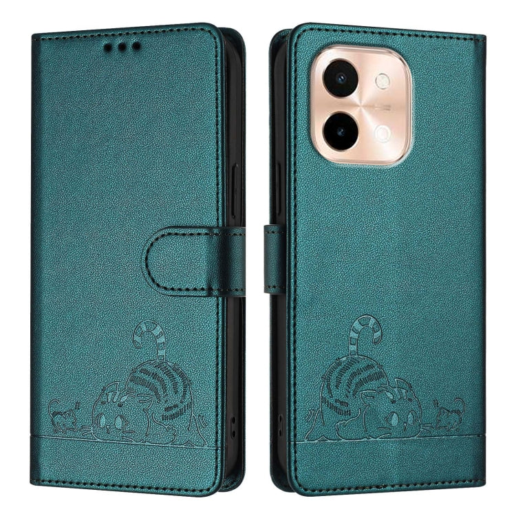 For vivo Y28 4G Cat Rat Embossed Pattern RFID Leather Phone Case with Lanyard