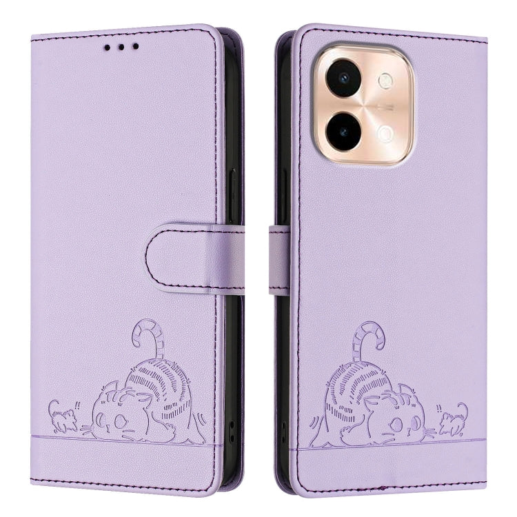 For vivo Y28 4G Cat Rat Embossed Pattern RFID Leather Phone Case with Lanyard