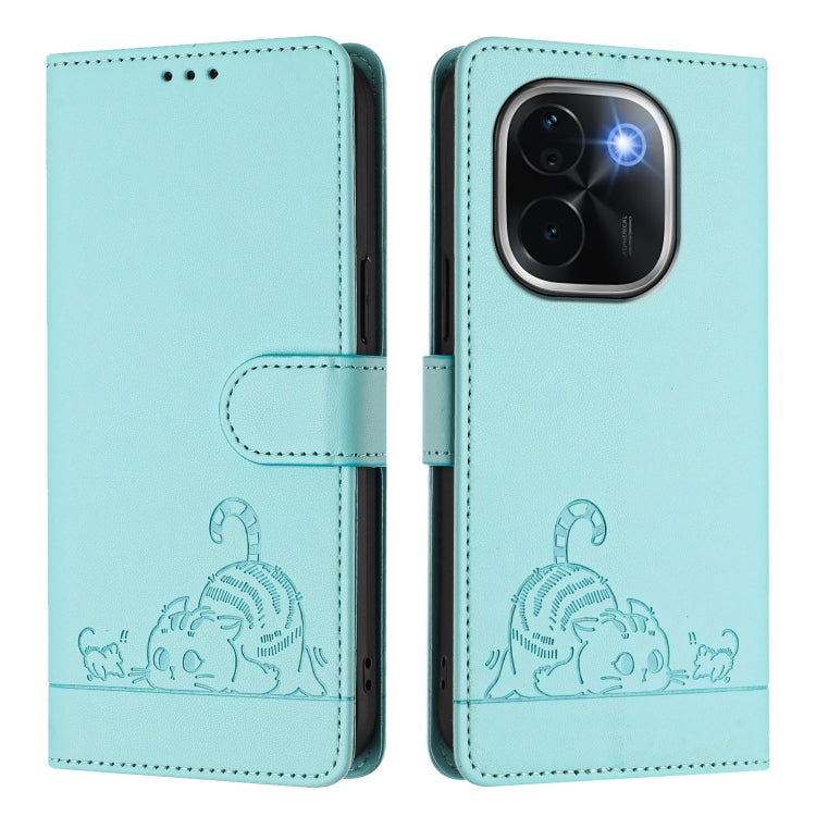For vivo iQOO Z9s Pro 5G India Cat Rat Embossed Pattern RFID Leather Phone Case with Lanyard