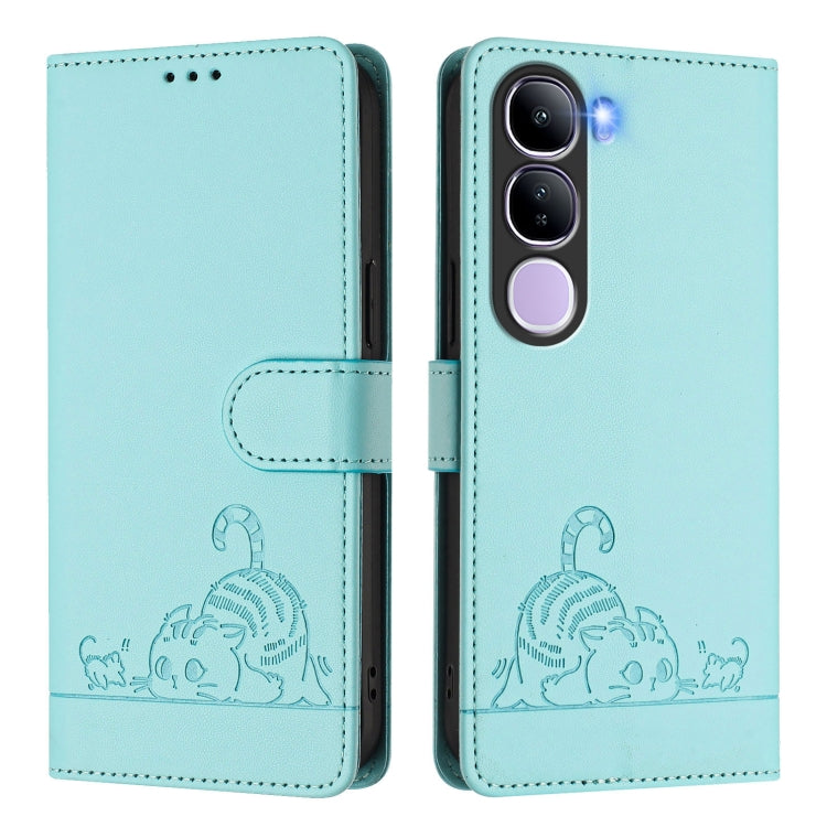 For vivo V40 Lite 5G IDN Cat Rat Embossed Pattern RFID Leather Phone Case with Lanyard