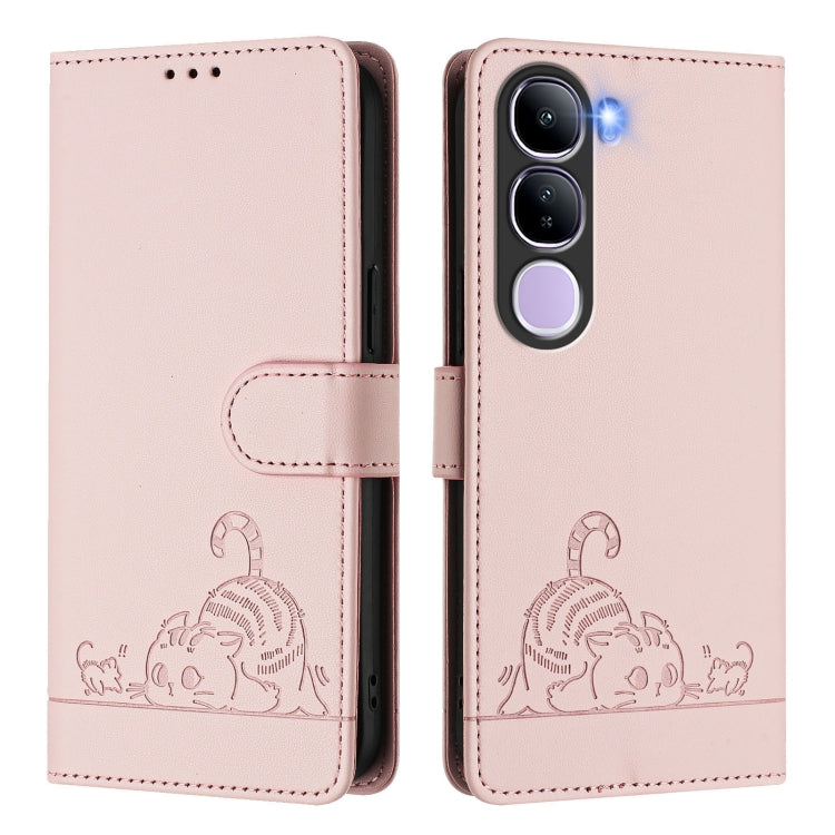 For vivo V40 Lite 5G IDN Cat Rat Embossed Pattern RFID Leather Phone Case with Lanyard