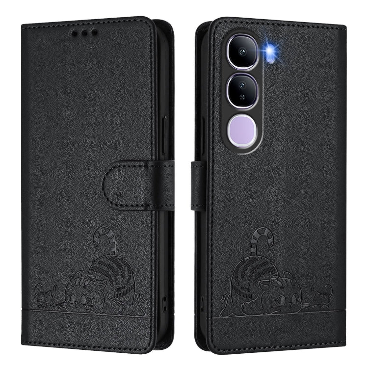 For vivo V40 Lite 5G IDN Cat Rat Embossed Pattern RFID Leather Phone Case with Lanyard