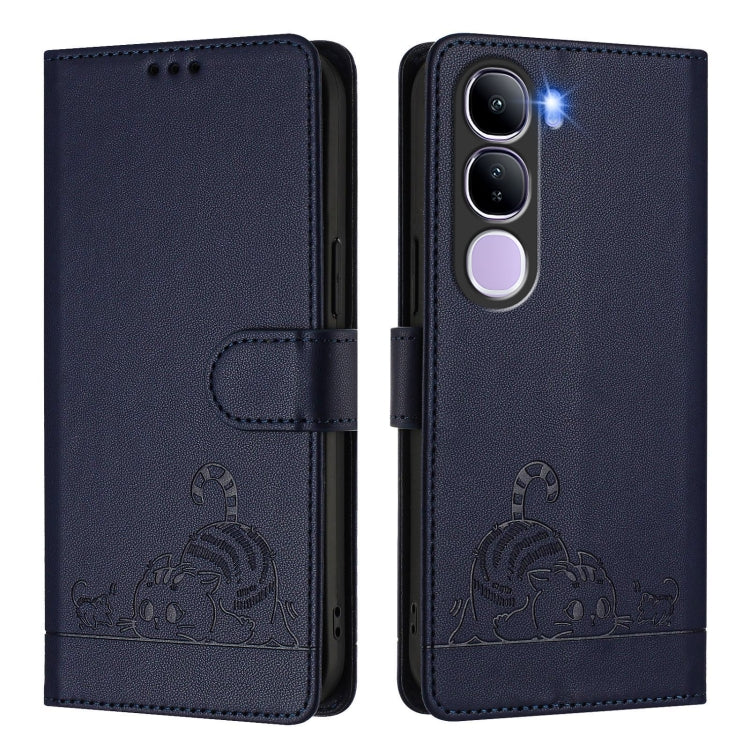 For vivo V40 Lite 5G IDN Cat Rat Embossed Pattern RFID Leather Phone Case with Lanyard