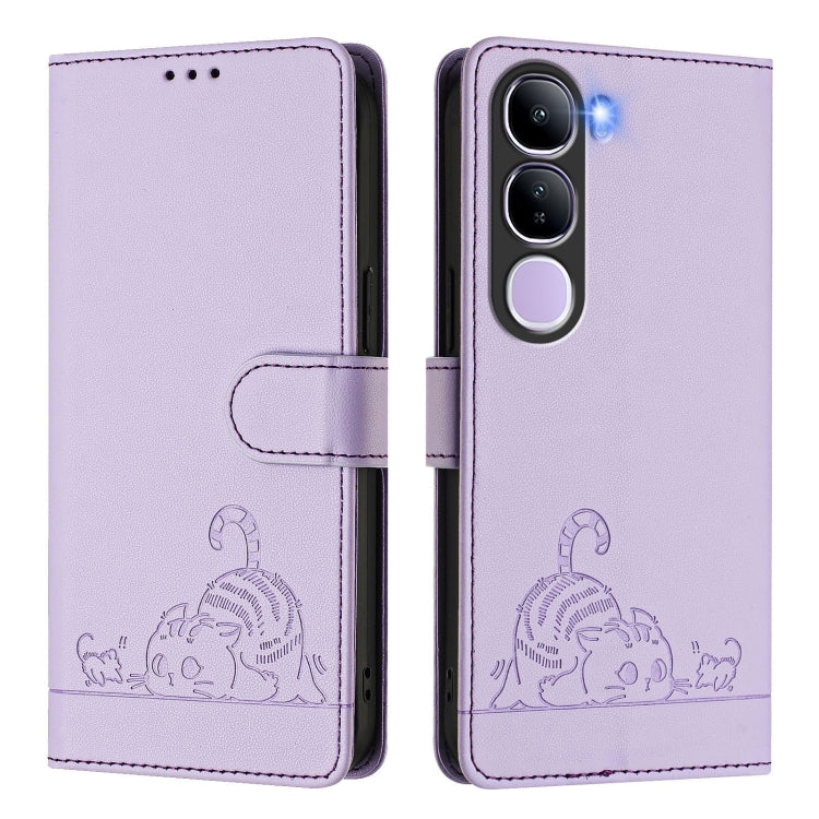 For vivo V40 Lite 5G IDN Cat Rat Embossed Pattern RFID Leather Phone Case with Lanyard