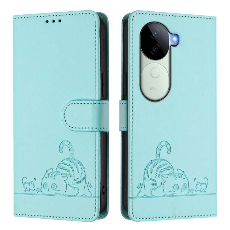 For vivo V40e 5G India Cat Rat Embossed Pattern RFID Leather Phone Case with Lanyard