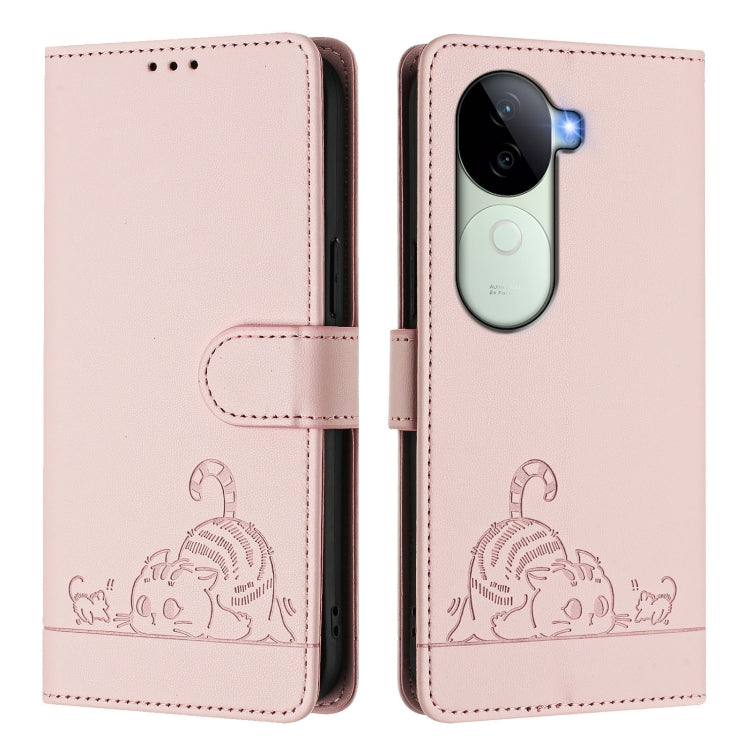 For vivo V40e 5G India Cat Rat Embossed Pattern RFID Leather Phone Case with Lanyard