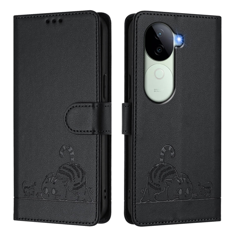For vivo V40e 5G India Cat Rat Embossed Pattern RFID Leather Phone Case with Lanyard