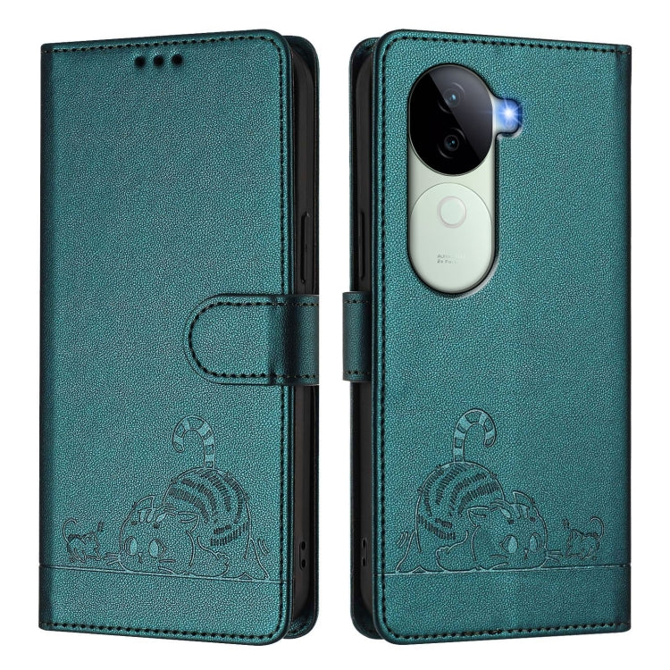 For vivo V40e 5G India Cat Rat Embossed Pattern RFID Leather Phone Case with Lanyard