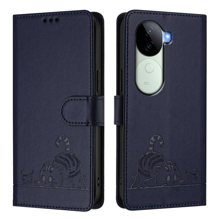 For vivo V40e 5G India Cat Rat Embossed Pattern RFID Leather Phone Case with Lanyard