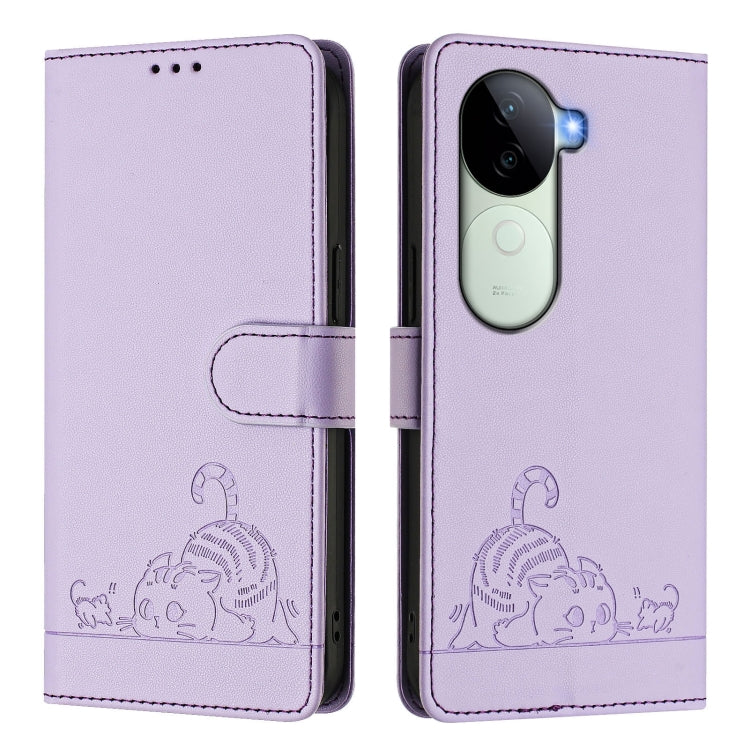 For vivo V40e 5G India Cat Rat Embossed Pattern RFID Leather Phone Case with Lanyard