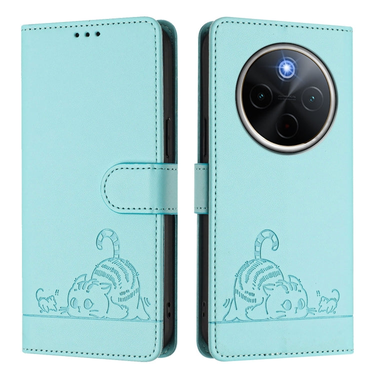 For vivo Y300 Pro Cat Rat Embossed Pattern RFID Leather Phone Case with Lanyard