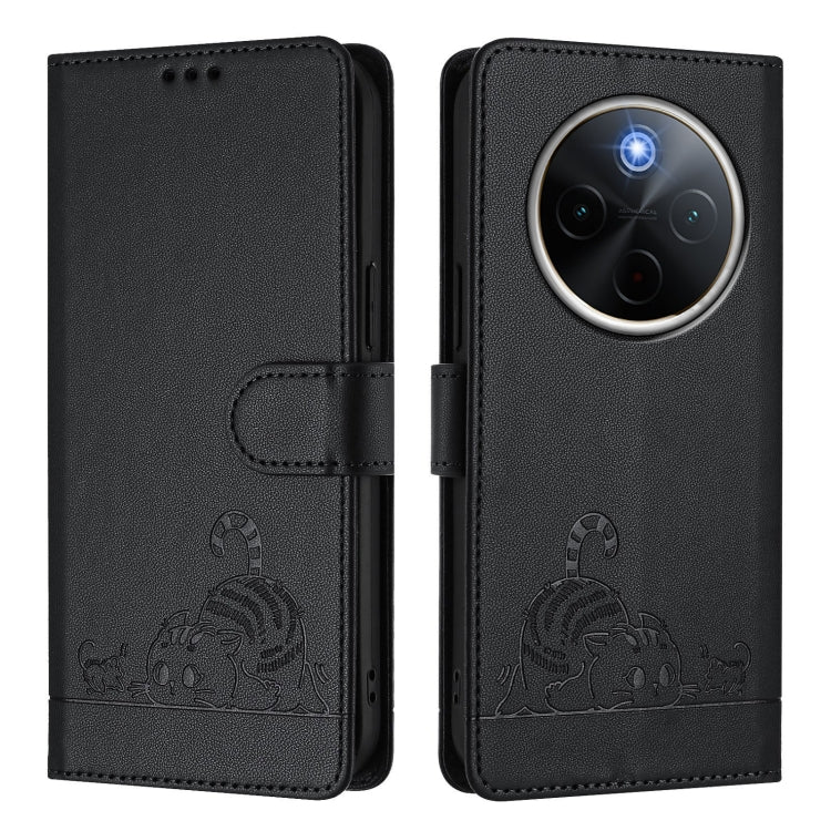 For vivo Y300 Pro Cat Rat Embossed Pattern RFID Leather Phone Case with Lanyard
