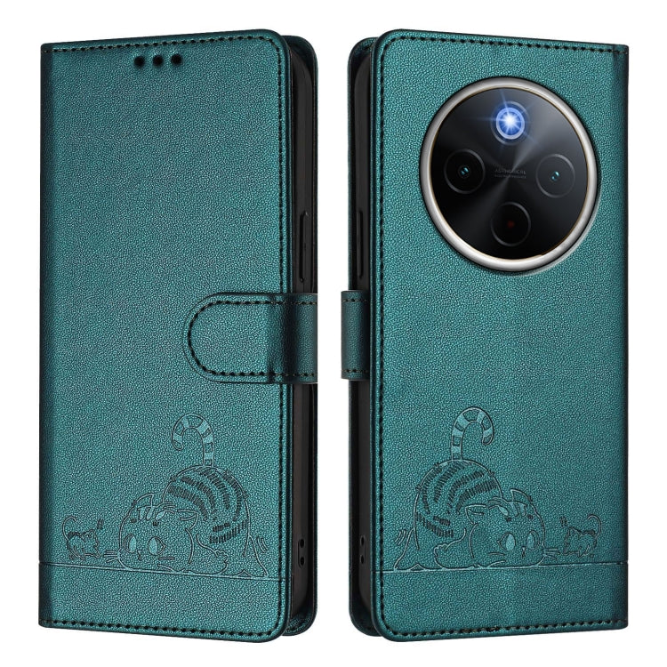 For vivo Y300 Pro Cat Rat Embossed Pattern RFID Leather Phone Case with Lanyard