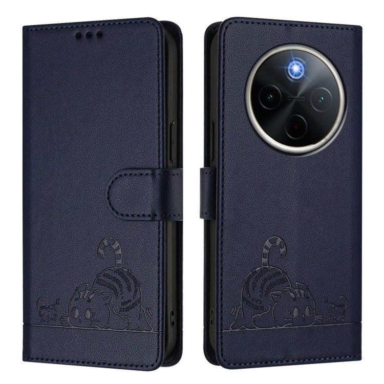 For vivo Y300 Pro Cat Rat Embossed Pattern RFID Leather Phone Case with Lanyard