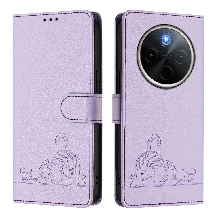 For vivo Y300 Pro Cat Rat Embossed Pattern RFID Leather Phone Case with Lanyard
