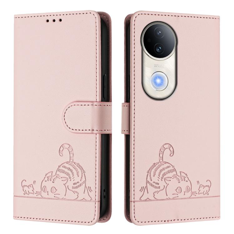 For vivo S20 5G Cat Rat Embossed Pattern RFID Leather Phone Case with Lanyard
