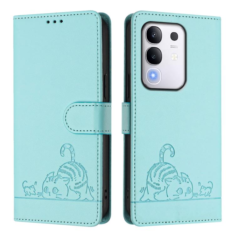 For vivo Y29 4G Global Cat Rat Embossed Pattern RFID Leather Phone Case with Lanyard