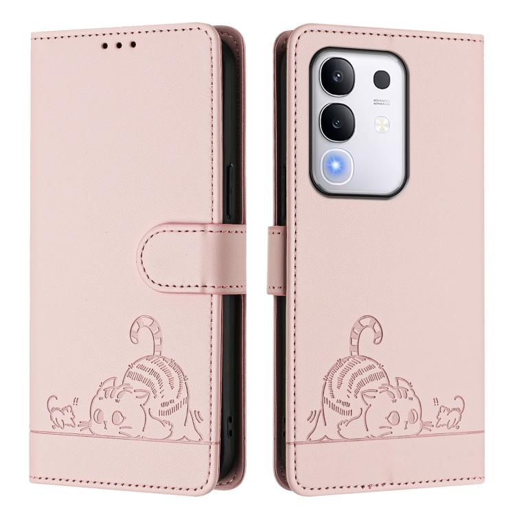 For vivo Y29 4G Global Cat Rat Embossed Pattern RFID Leather Phone Case with Lanyard
