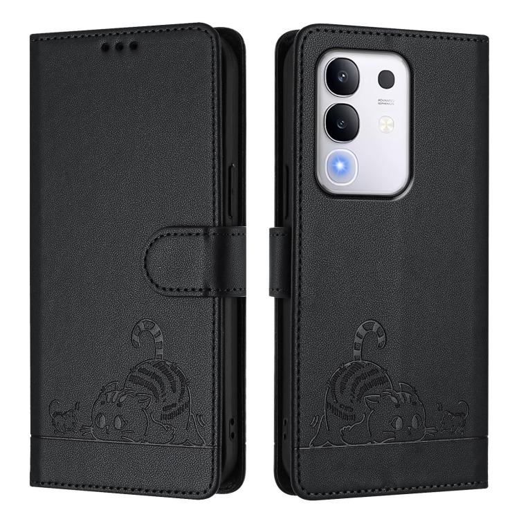For vivo Y29 4G Global Cat Rat Embossed Pattern RFID Leather Phone Case with Lanyard